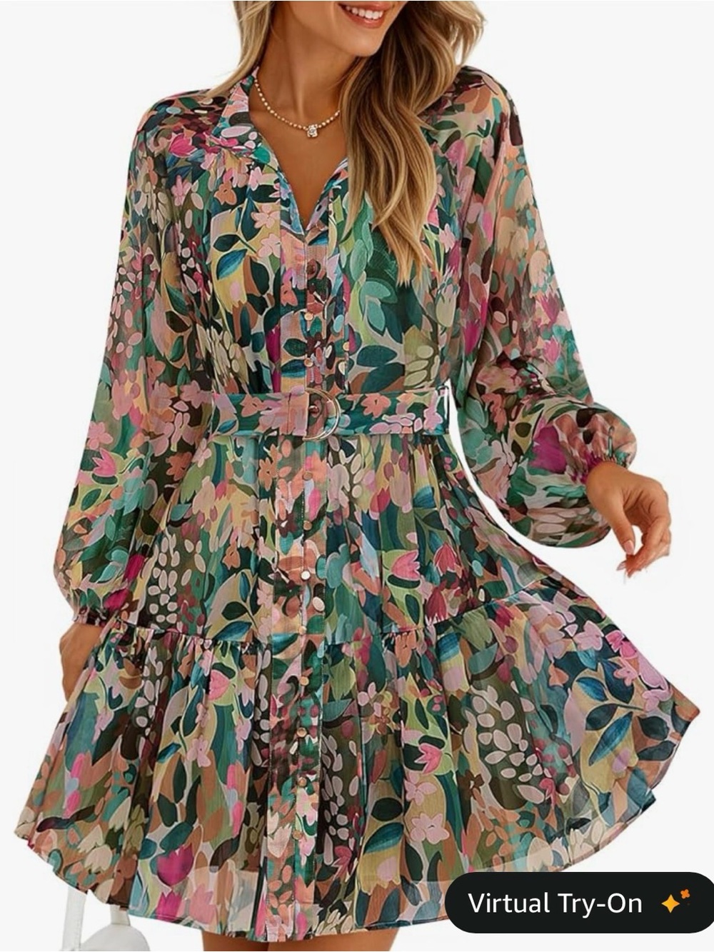 NWT ZESICA Womens 2026 Fall Long Sleeve Floral Mini Dress